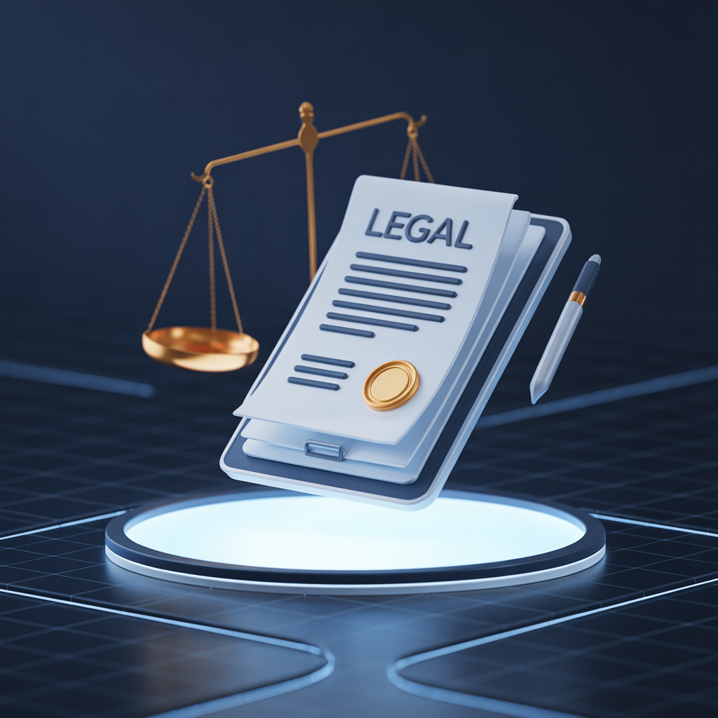 A clean, minimalist 3D render of legal documents on a digital tablet floating above a glowing surface, professional aesthetic, tech blue tint